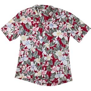 Made in Hawaii Mens Button Down Hawwian Shirt Red Floral Tropical Aloha Size L